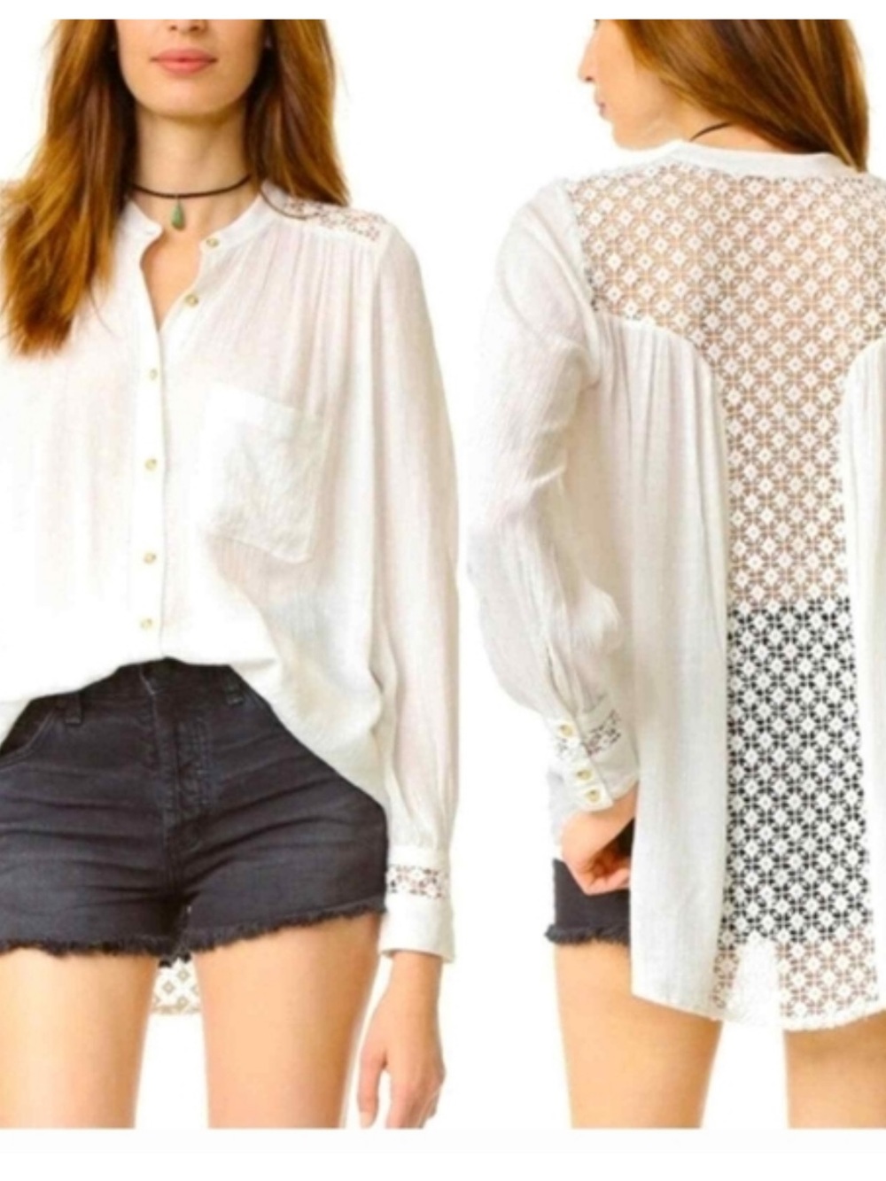 Free People Cream Lace-Back Button Down Blouse